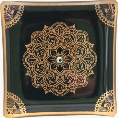 Incensário de Vidro Quadrado Mandal Dourado e Preto