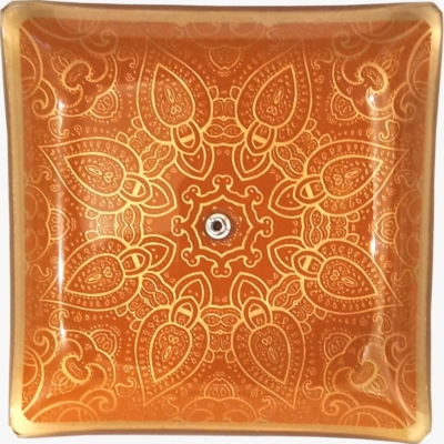 Incensário de Vidro Quadrado Mandal Dourado e Laranja