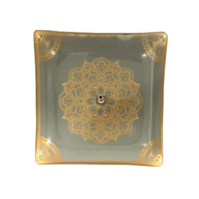 Incensário de Vidro Quadrado Mandala Cinza e Dourado
