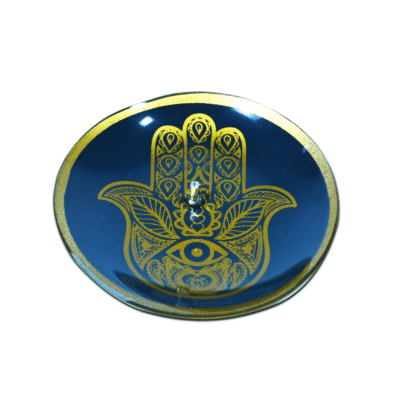 Incensário de Vidro Redondo Mão de Fátima Azul e Dourado