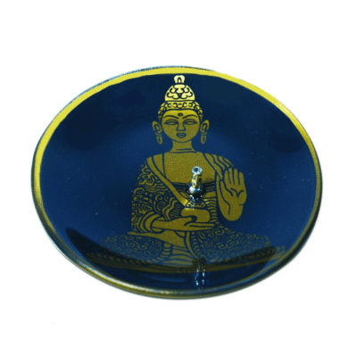 Incensário de Vidro Redondo Buddha Azul e Dourado