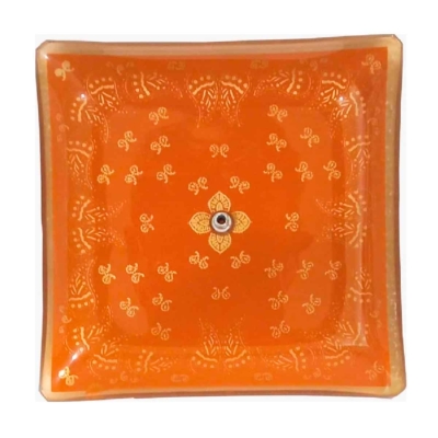 Incensário de Vidro Mandala Amarelo Com Laranja