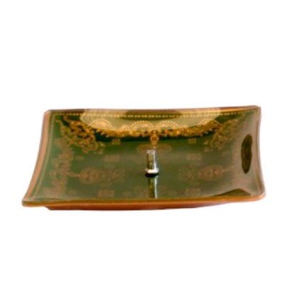Incensário de Vidro Quadrado Mandala Verde e Dourado